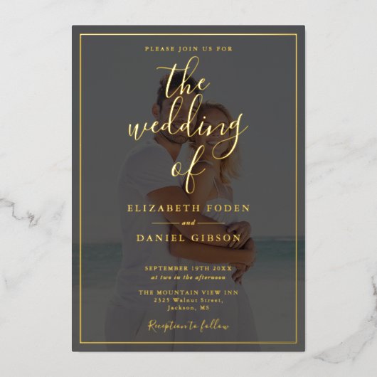 オールインワンエレガントスクリプトフォト結婚の金ゴールド 箔招待状 (正面)