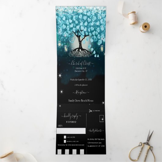 オールインワンエレガントティール(緑がかった色)アクアハート結婚リーフ 三つ折り招待状 (内部)