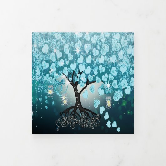 オールインワンエレガントティール（緑がかった色）アクアハート結婚リーフ 三つ折り招待状 (カバー)