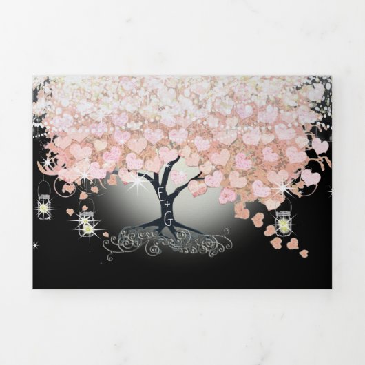 オールインワンエレガントピンクのハートリーフ結婚のトリフォル 三つ折り招待状 (カバー)