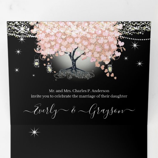 オールインワンエレガントピンクのハートリーフ結婚のトリフォル 三つ折り招待状 (内部最初)