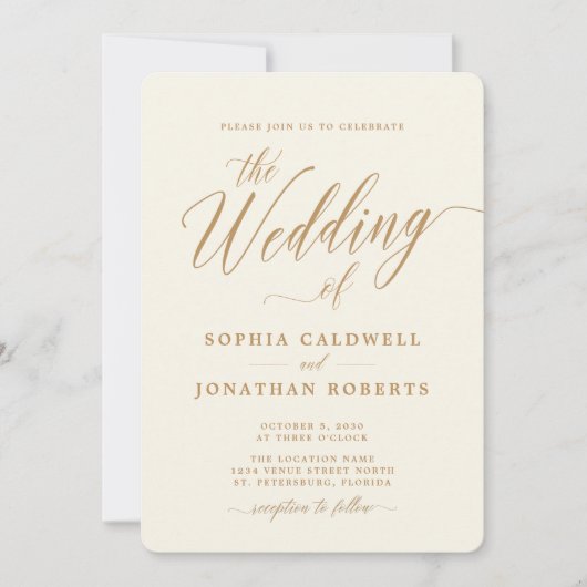 オールインワンエレガント金ゴールド書道クリー結婚ム 招待状 (正面)