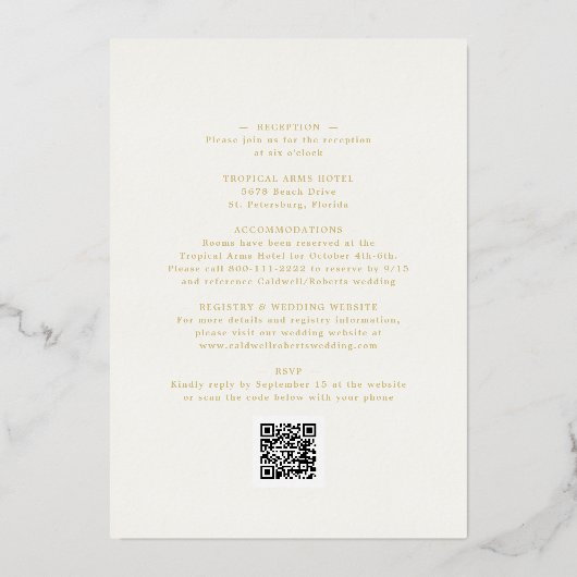 オールインワンエレガント金ゴールド書道クリー結婚ム 箔招待状 (裏面)