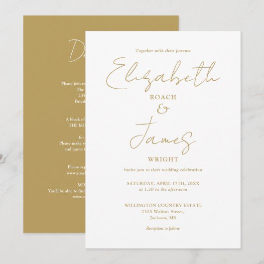 オールインワンシック金ゴールドミニマリストエレガントな結婚式 招待状 (正面/裏面)