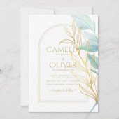 オールインワンシーガラスアクアグリーン葉金ゴールド結婚ズ 招待状 (正面)