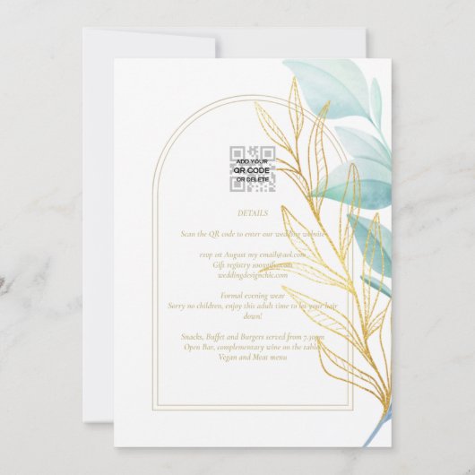 オールインワンシーガラスアクアグリーン葉金ゴールド結婚ズ 招待状 (裏面)