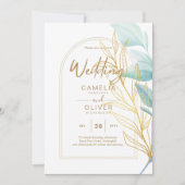 オールインワンシーガラスアクアグリーン葉金ゴールド結婚ズ 招待状 (正面)