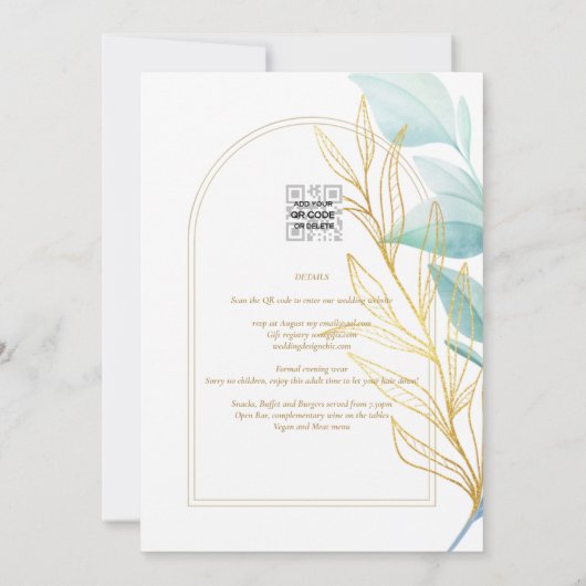 オールインワンシーガラスアクアグリーン葉金ゴールド結婚ズ 招待状 (裏面)