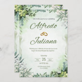 オールインワンセージフランスのグリーン結婚フローラ 招待状 (正面/裏面)