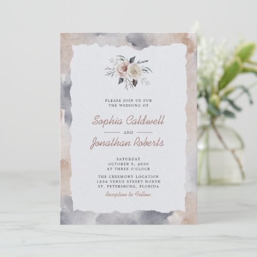 オールインワンダスティピンクのバラの水の色結婚の 招待状 (スタンド正面)