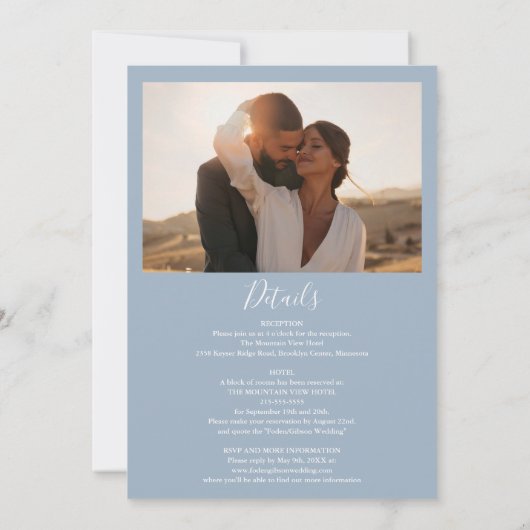 オールインワンダスティブルーシックなスクリプト写真結婚の 招待状 (裏面)