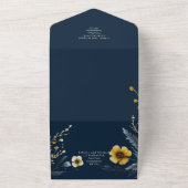 オールインワンネイビーイエロー金ゴールドフローラ結婚式Rsvp オールインワン招待状 (外側)