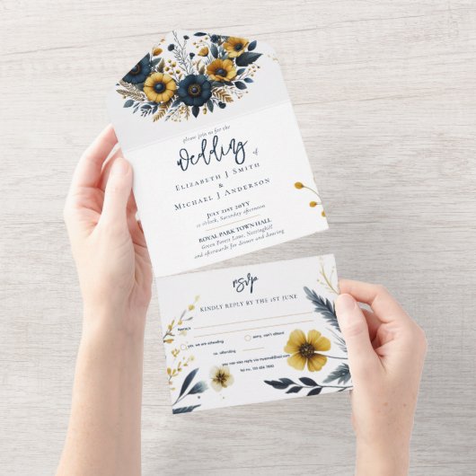 オールインワンネイビーイエロー金ゴールドフローラ結婚式Rsvp オールインワン招待状 (貼ってはがせる)