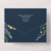 オールインワンネイビーイエロー金ゴールドフローラ結婚式Rsvp オールインワン招待状 (裏面)