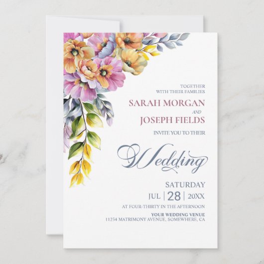 オールインワンピンクとオレンジのフローラ結婚 招待状 (正面)