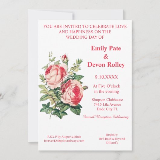 オールインワンピンクのローズグリーンエレガントフローラ結婚グリーン 招待状 (正面)