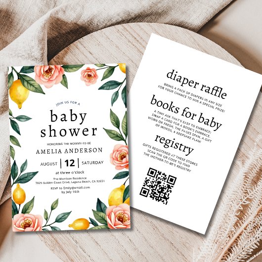 オールインワンピンクイエローフローラレモンベビーシャワー 招待状