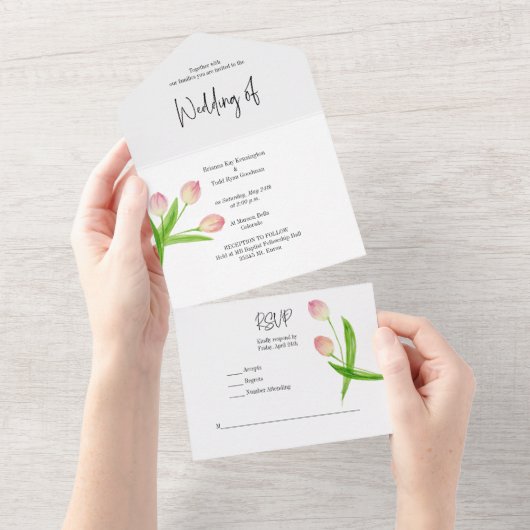 オールインワンピンク春水彩チューリップ招待状 オールインワン招待状 (貼ってはがせる)