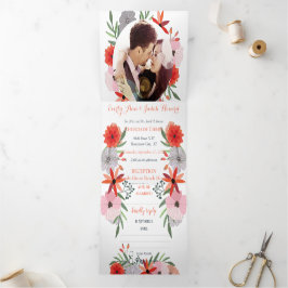 オールインワンピーチラベンダーレッドピンク結婚フローラ 三つ折り招待状