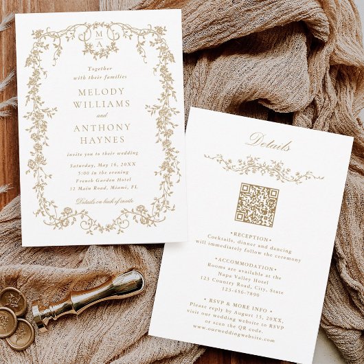 オールインワンフランスののビクトリアン金ゴールドフローラ結婚 招待状