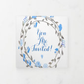 オールインワンフランスのブルーグレーフローラ結婚リース 三つ折り招待状 (カバー)