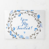 オールインワンフランスのブルーグレーフローラ結婚リース 三つ折り招待状 (カバー)