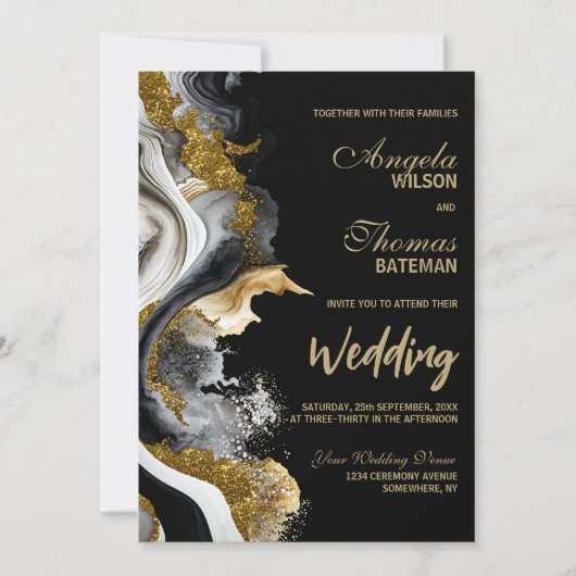 オールインワンブラックの金ゴールドは大理石を食べ結婚る 招待状 (正面)