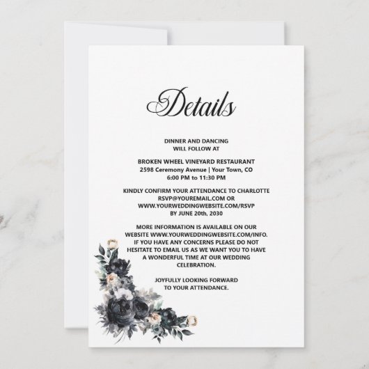 オールインワンブラックフローラジオメトストライプのリ結婚 招待状 (裏面)