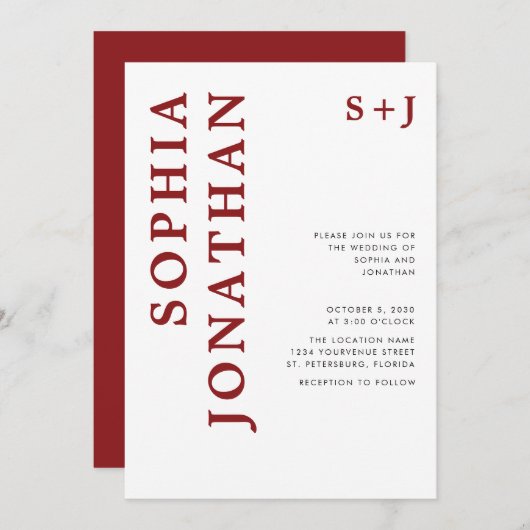 オールインワンブルゴーニュはっきりしたタイポグラフィ結婚ズ 招待状 (正面/裏面)