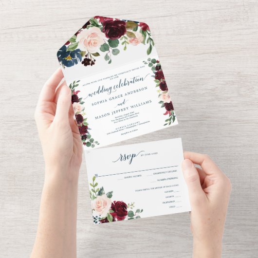 オールインワンブルゴーニュ海軍素朴結婚式の招待 オールインワン招待状 (貼ってはがせる)