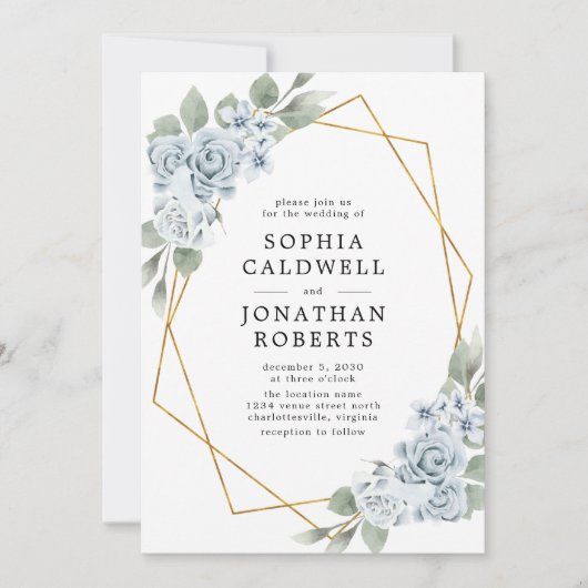 オールインワンブルーのフローラ幾何学的結婚枠 招待状 (正面)