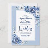 オールインワンブルーのフローラ結婚 招待状 (正面)