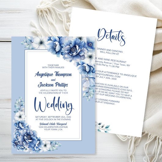 オールインワンブルーのフローラ結婚 招待状