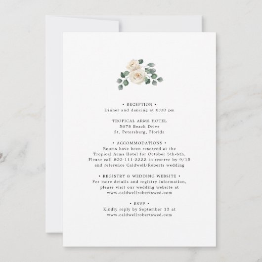オールインワンホワイトバラ熱帯花結婚の 招待状 (裏面)