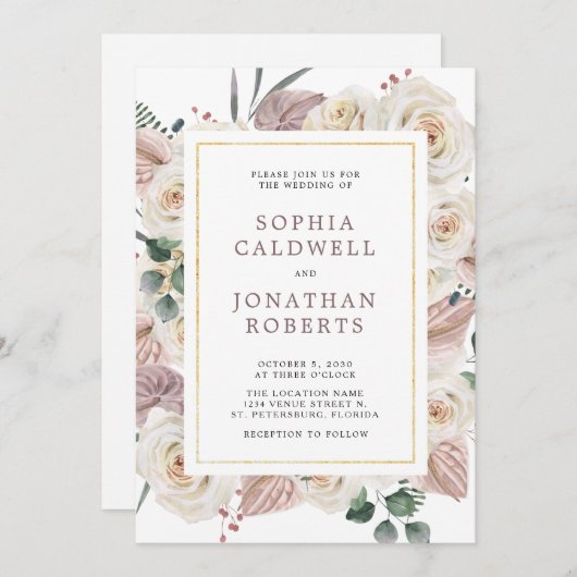 オールインワンホワイトバラ熱帯花結婚の 招待状 (正面/裏面)