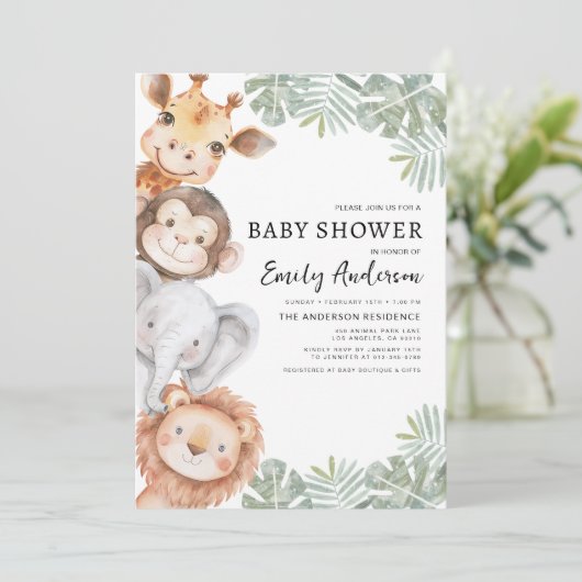 オールインワンボーイズサファリ動物ベビーシャワー 招待状 (スタンド正面)