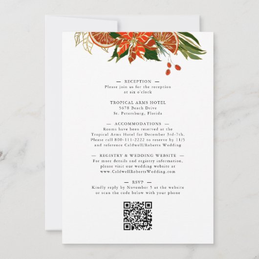 オールインワンポイモダンンセチア金ゴールド冬の結婚式 招待状 (裏面)