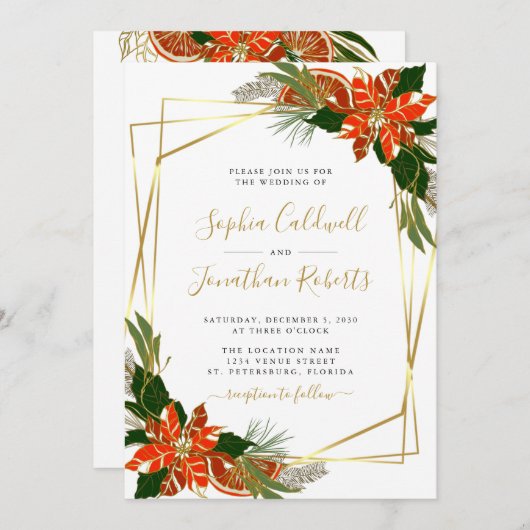 オールインワンポイモダンンセチア金ゴールド冬の結婚式 招待状 (正面/裏面)