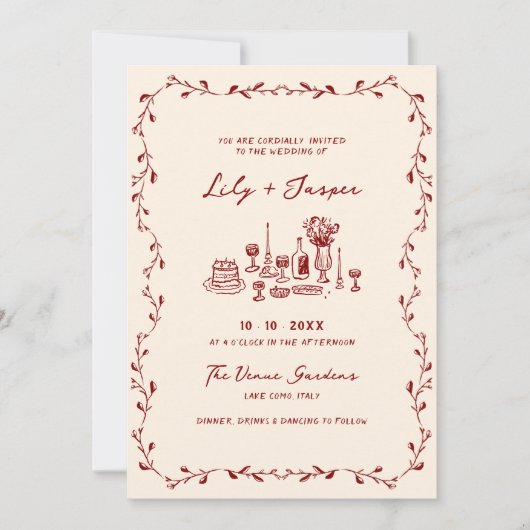 オールインワンマルーン手描き結婚式招待状 招待状 (正面)