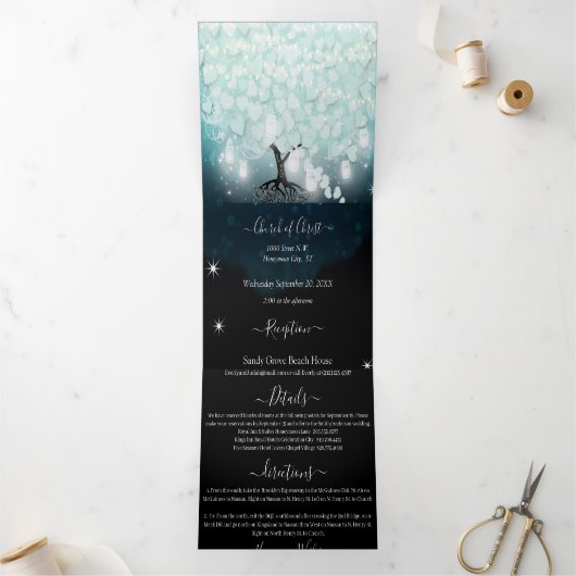 オールインワンミント赤面ブルーハートリーフ結婚ズ 三つ折り招待状 (内部)