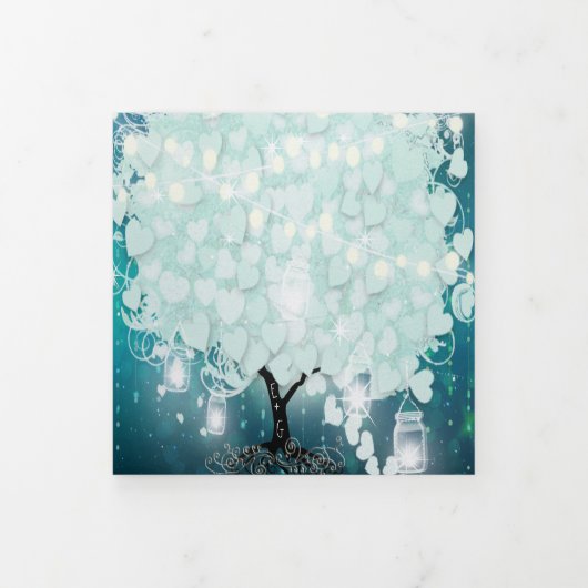 オールインワンミント赤面ブルーハートリーフ結婚ズ 三つ折り招待状 (カバー)