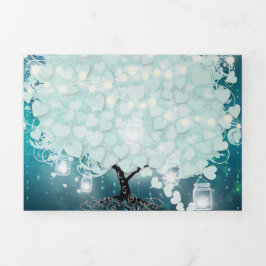 オールインワンミント赤面ブルーハートリーフ結婚ズ 三つ折り招待状