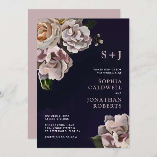 オールインワンムーディーズフローラネイビー結婚式招待状 招待状 (正面/裏面)