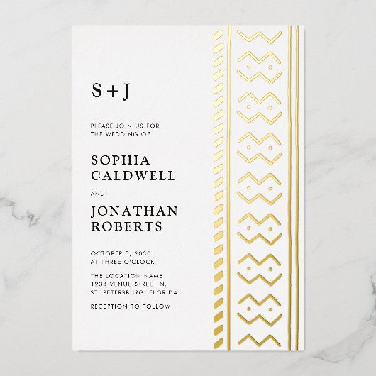 オールインワンモダンボホムードクロス結婚モノグラム 箔招待状 (正面)