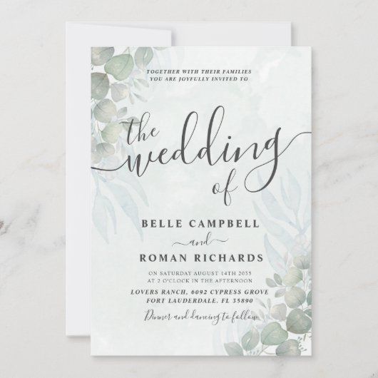 オールインワンユーカリプタスセージ結婚グリーン 招待状 (正面)