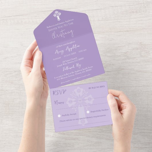 オールインワン招待状 フローラルクロス 洗礼 ライラック (貼ってはがせる)