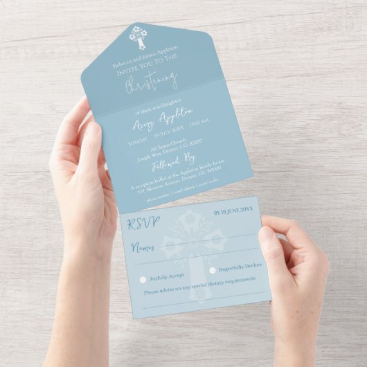 オールインワン招待状 フローラルクロス 洗礼 青 (貼ってはがせる)