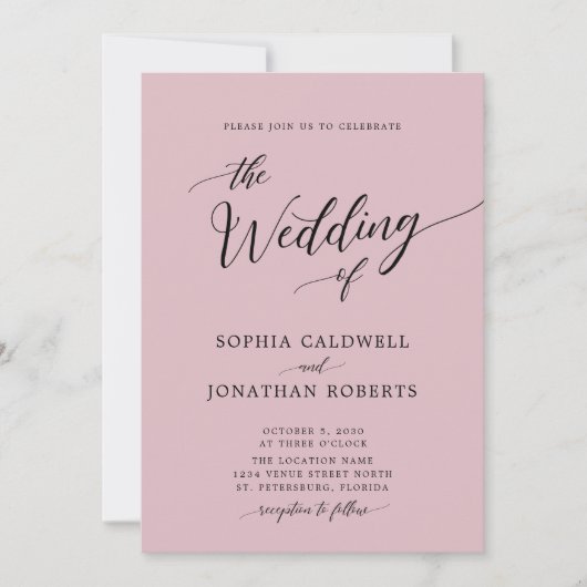 オールインワン書道シックな埃っぽいバラ結婚 招待状 (正面)