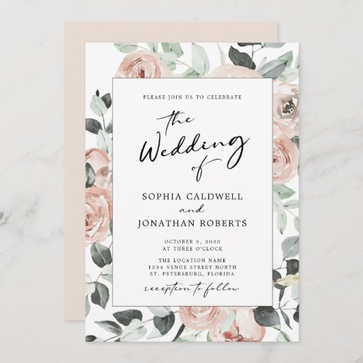 オールインワン書道埃っぽいバラ結婚フローラ 招待状 (正面/裏面)