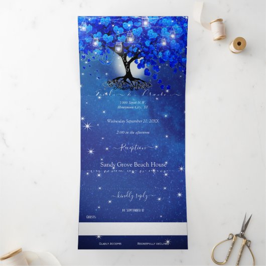 オールインワン王室のブルーのハート結婚リーフ 三つ折り招待状 (内部)